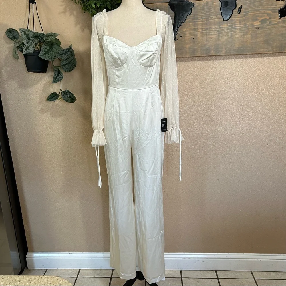 NWOT Lulus Gracefully Modern Ivory Satin Mesh Long Sleeve Bustier Jumpsuit